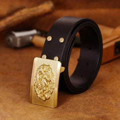 Handmade Coffee Leather Belts Minimalist Mens Brass Chinese Dragon Leather Belt for Men