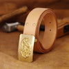 Handmade Coffee Leather Belts Minimalist Mens Brass Chinese Dragon Leather Belt for Men