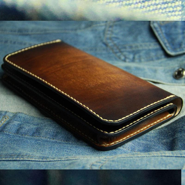 Coffee Vintage Leather Bifold Mens Large Long Wallet Leather Long Wallets for Men