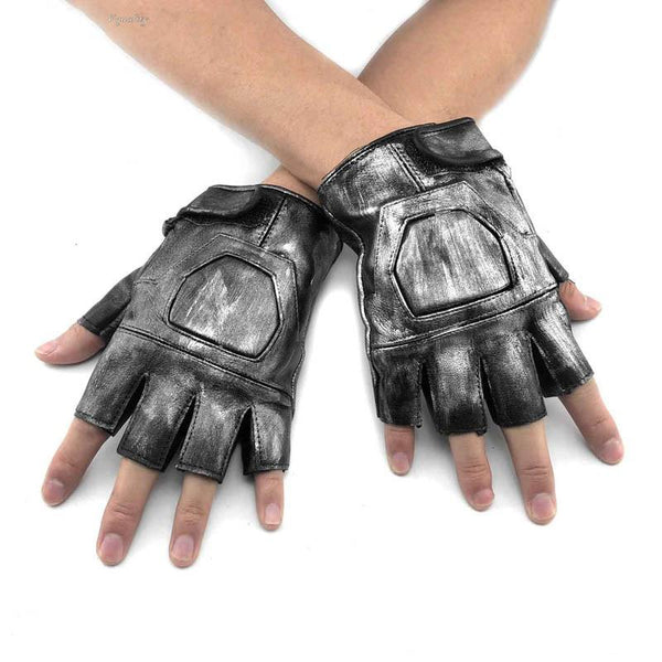Cool Silver Mens Black Leather Half-Finger Gloves Rock Gloves Fashion Black Motorcycle Gloves Biker Gloves For Men