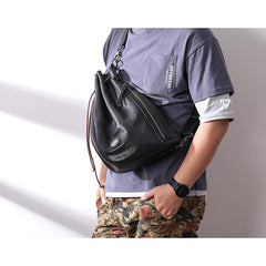 Cool Black Leather Men's Sling Pack Chest Bag One shoulder Backpack Crossbody Pack For Men