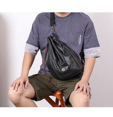 Cool Black Leather Men's Sling Pack Chest Bag One shoulder Backpack Crossbody Pack For Men