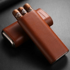 Cool Brown Leather Mens 3pcs Cigar Case With Cutter Leather Cigar Case for Men