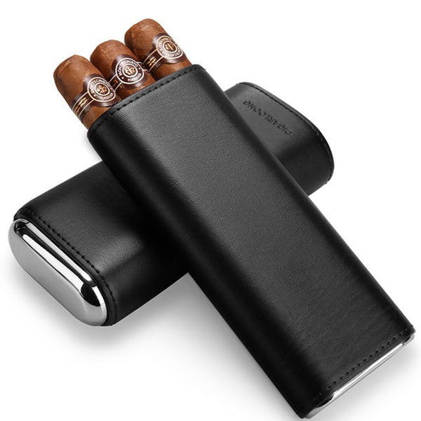 Cool Black Leather Mens 3pcs Cigar Case With Cutter Leather Cigar Case for Men
