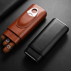 Cool Brown Leather Mens 3pcs Cigar Case With Cutter Leather Cigar Case for Men
