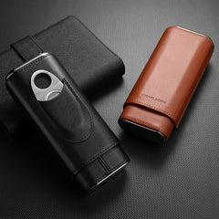 Cool Black Leather Mens 3pcs Cigar Case With Cutter Leather Cigar Case for Men