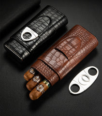 Cool Brown Leather Mens 3pcs Cigar Case With Humidor Cutter Crocodile Pattern Leather Cigar Case for Men