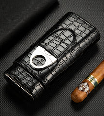Cool Black Leather Mens 3pcs Cigar Case With Humidor Cutter Crocodile Pattern Leather Cigar Case for Men