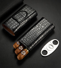 Cool Leather Mens 3pcs Cigar Case With Humidor Cutter Crocodile Pattern Leather Cigar Case for Men
