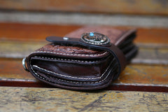 Cool Brown Leather Tooled Biker Wallet Handmade Dragon&Skull Biker Chain Wallet for Men