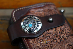 Cool Leather Tooled Biker Wallets Handmade Dragon&Skull Biker Chain Wallet for Men