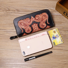 Handmade Leather Floral Tooled Zipper Around Long Wallets Cool Clutch Zipper Wallet for Men