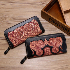 Handmade Leather Floral Tooled Zipper Around Long Wallets Cool Clutch Zipper Wallet for Men