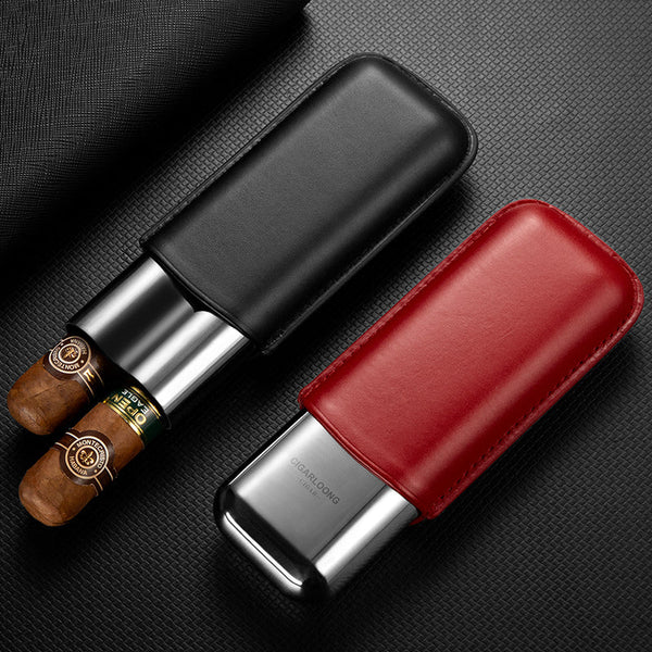 Cool Leather&Stainless Steel Mens 2pcs Cigar Case Leather Cigar Case for Men