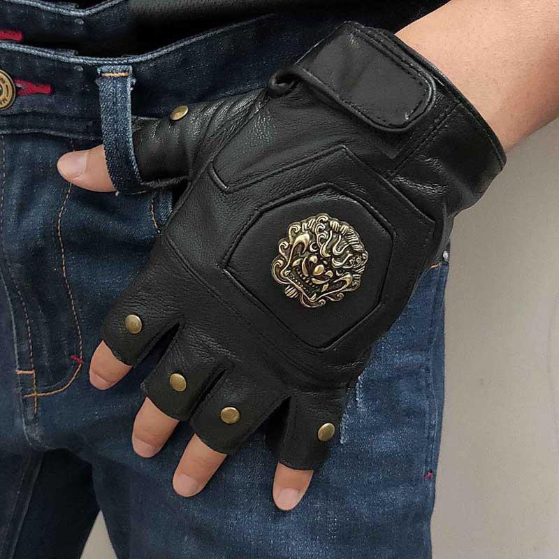 Cool Mens Black Dragon Head Leather Half-Finger Rock Gloves Black Motorcycle Gloves Biker Gloves For Men