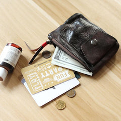 Cool Brown Leather Mens Card Short Wallet Coin Holder Black Change Pouch For Men
