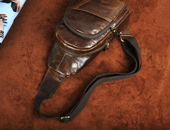 Cool Coffee Leather Chest Bag Sling Bag Sling Crossbody Bag One Shoulder Backpack For Men