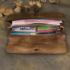 Cool Brown Leather Mens Long Wallet Clutch Wallet Gray Wristlet Clutch Bag for Men