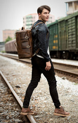 Cool Brown Mens Leather 14 inches Barrel Weekender Bag Bucket Travel Backpack for Men