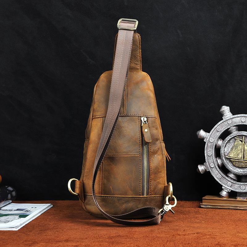 Cool Brown Mens Leather One Shoulder Backpack Chest Bag Sling Bags For ...