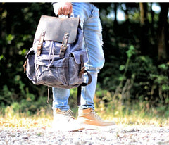 Cool Canvas Leather Mens 15'' Black Computer Backpack Green Hiking Backpack Travel Backpack for Men