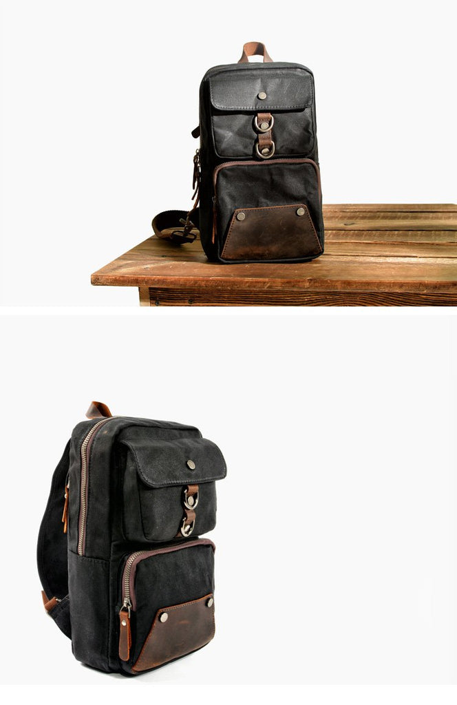 Cool Canvas Leather Mens Sling Bag Chest Bag One Shoulder Pack for