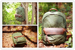 Cool Canvas Leather Mens Green Backpack Computer Backpack Black Travel Backpack for Men