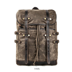 Waxed Canvas Leather Mens 15‘’ Computer Backpack Black Hiking Backpack Travel Backpack for Men