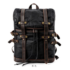 Waxed Canvas Leather Mens 15‘’ Computer Backpack Black Hiking Backpack Travel Backpack for Men