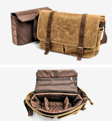 Waxed Canvas Leather Mens Waterproof 14'' Camera Bags Black Side Bag Messenger Bag Shoulder Bag For Men