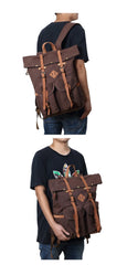 Cool Waxed Canvas Leather Mens Waterproof 16‘’ Large Hiking Backpack Travel Backpack for Men