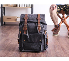 Waxed Canvas Leather Mens Gray Waterproof 15‘’ Large Backpack Travel Backpack College Backpack for Men