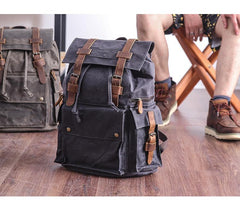 Waxed Canvas Leather Mens Gray Waterproof 15‘’ Large Backpack Travel Backpack College Backpack for Men