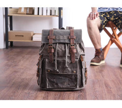 Waxed Canvas Leather Mens Gray Waterproof 15‘’ Large Backpack Travel Backpack College Backpack for Men