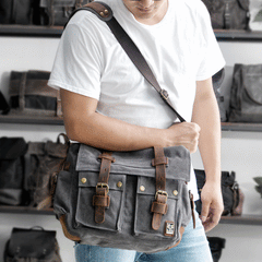 Cool Canvas Leather Mens Waterproof Black Side Bag Courier Bag Blue Messenger Bag for Men
