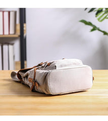 Cool Canvas Leather Mens Womens 13'' White Backpack Khaki Travel Backpack College Backpack  for Men