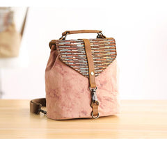 Cute Canvas Leather Mens Womens Small Pink Backpack Khaki Travel Backpack College Backpack for Men