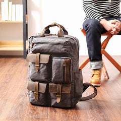 Cool Waxed Canvas Leather Mens Waterproof 15'' Backpack Gray Travel Backpack Hiking Backpack for Men