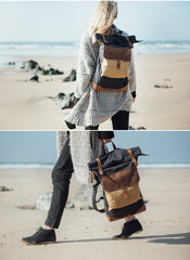 Cool Canvas Leather Mens Large Waterproof Green Backpack Travel Backpack Black Computer Backpack for Men