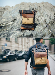 Cool Canvas Leather Mens Large Waterproof Green Backpack Travel Backpack Black Computer Backpack for Men