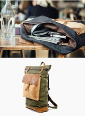 Cool Canvas Leather Mens Large Waterproof Green Backpack Travel Backpack Black Computer Backpack for Men