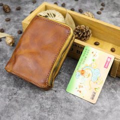 Brown Leather Men's Yellow Zipper Camel Small Wallet Bifold billfold Card Wallet For Men