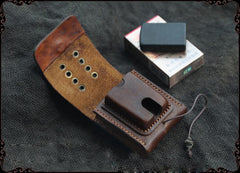 Cool Handmade Brown Leather Mens Zippo Cigarette Case with Lighter Holder Belt Loop for Men