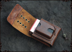 Cool Handmade Brown Leather Mens Zippo Cigarette Case with Lighter Holder Belt Loop for Men