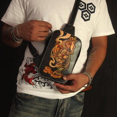 Cool Handmade Tooled Leather Dragon Carp Sling Bag Chest Bag One Shoulder Backpack For Men