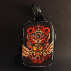 Cool Handmade Tooled Leather Dragon Carp Sling Bag Chest Bag One Shoulder Backpack For Men