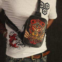 Cool Handmade Tooled Leather Dragon Carp Sling Bag Chest Bag One Shoulder Backpack For Men