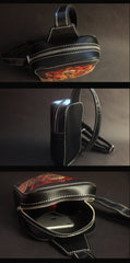 Cool Handmade Tooled Leather Dragon Carp Sling Bag Chest Bag One Shoulder Backpack For Men