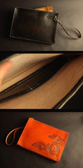 Cool Handmade Tooled Leather Tan Floral Clutch Wallet Wristlet Bag Clutch Purse For Men