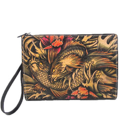 Cool Handmade Tooled Leather Tan Floral Clutch Wallet Wristlet Bag Clutch Purse For Men
